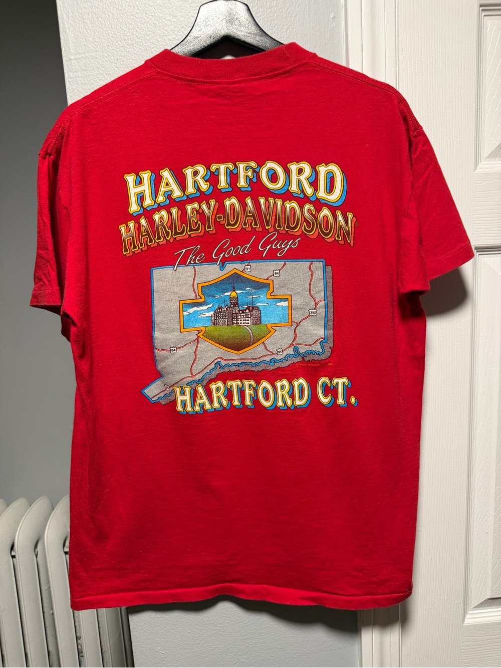 Vintage 1990 Harley-Davidson Hartford CT Red Pocket T-Shirt Fits Like Medium